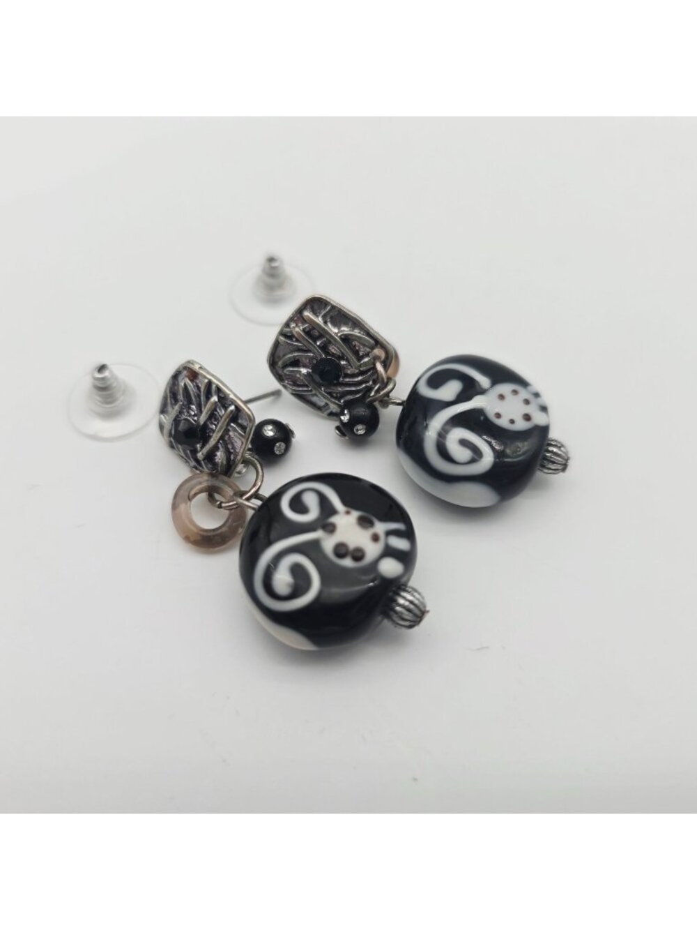 Handcrafted Black & White Glass Bead Dangle Earrings Silver Elements & Post Back